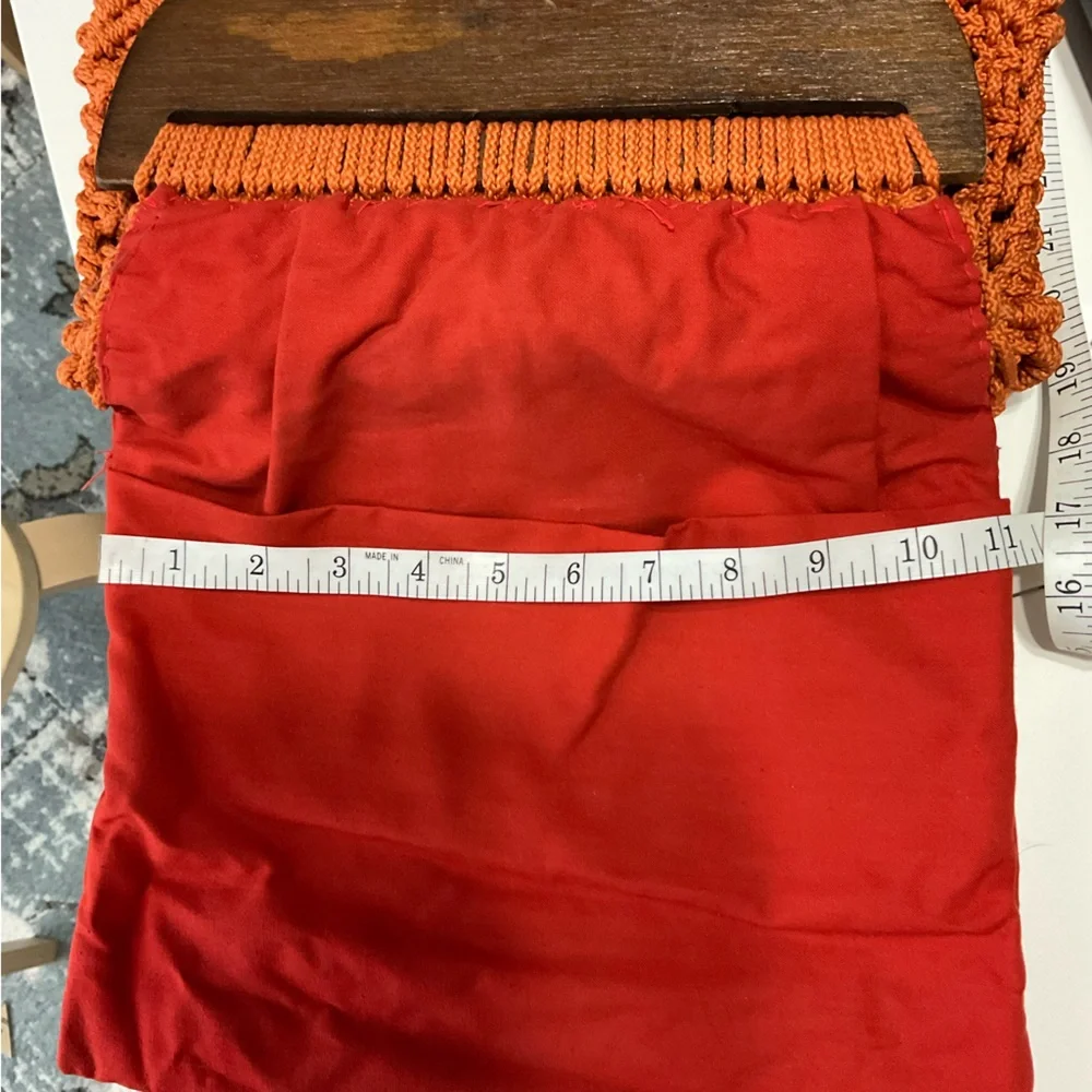 Mid century modern‎ Orange Macramé Tote with Wooden Handle
